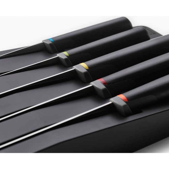 Joseph Joseph Elevate Store Set de 5 cuchillos con bandeja de almacenamiento para cajón, Plata / Negro de acero inoxidable japonés de alta calidad. Joseph Joseph Elevate Store Set de 5 cuchillos con bandeja de almacenamiento para cajón, Plata / Negro de acero inoxidable japonés de alta calidad.