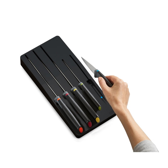 Joseph Joseph Elevate Store Set de 5 cuchillos con bandeja de almacenamiento para cajón, Plata / Negro de acero inoxidable japonés de alta calidad. Joseph Joseph Elevate Store Set de 5 cuchillos con bandeja de almacenamiento para cajón, Plata / Negro de acero inoxidable japonés de alta calidad.
