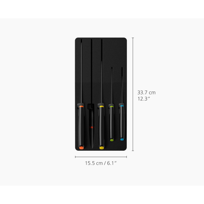 Joseph Joseph Elevate Store Set de 5 cuchillos con bandeja de almacenamiento para cajón, Plata / Negro de acero inoxidable japonés de alta calidad. Joseph Joseph Elevate Store Set de 5 cuchillos con bandeja de almacenamiento para cajón, Plata / Negro de acero inoxidable japonés de alta calidad.