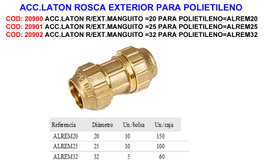 Accesorio de latón con rosca exterior y manguito 25 para polietileno ALREM25