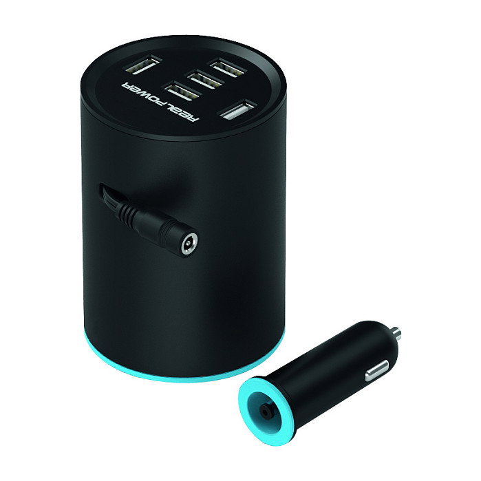 RealPower KFZ-Ladegerat Tube 2400mA 5xUSB - Cargador USB Coche 5 Puertos, 50 W, Negro, 70 x 70 x 97 mm