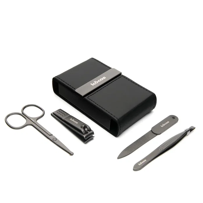 Kocos Kit de Manicura 4 en 1 para Uñas con Cortaúñas, Lima, Tijeras y Pinzas en Acero Inoxidable y Caja Magnética Compacta