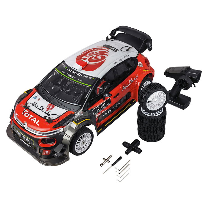 AMEWI RC Citroën C3 WRC HyperGo 1:7 Coche de Rally Eléctrico 4x4 65 kmh ESC Negro/Rojo/Blanco 630 mm ARTR para Principiantes 14+ Años