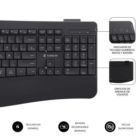 Subblim Combo Dual Office Prowave Teclado y Ratón Inalámbrico Ergonómico Recargable Bluetooth y USB Negro