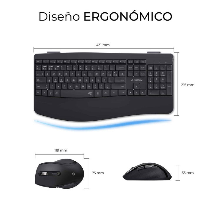Subblim Combo Teclado Español y Ratón Inalámbrico Ergonómico Negro