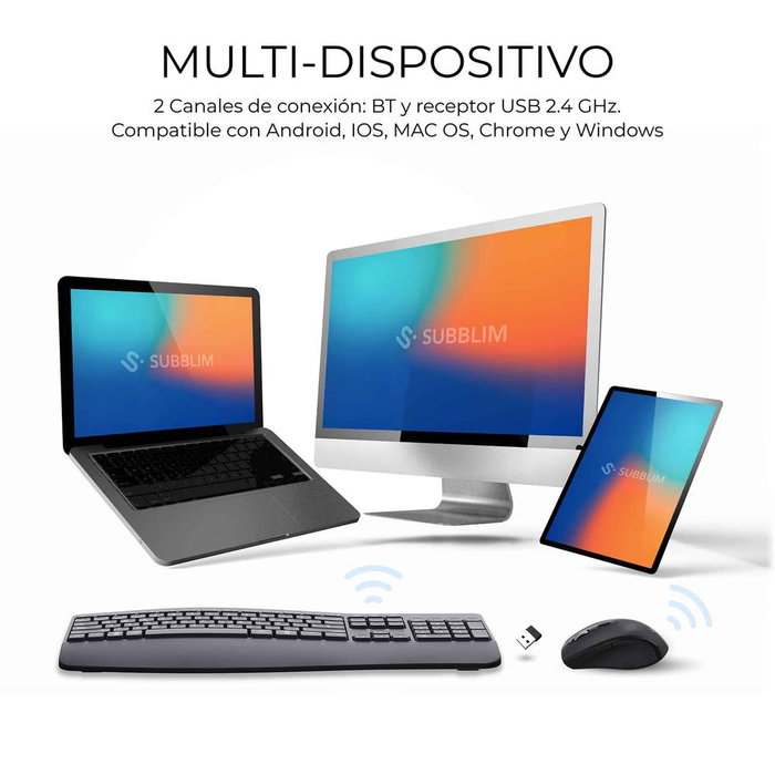 Subblim Combo Teclado Español y Ratón Inalámbrico Ergonómico Negro