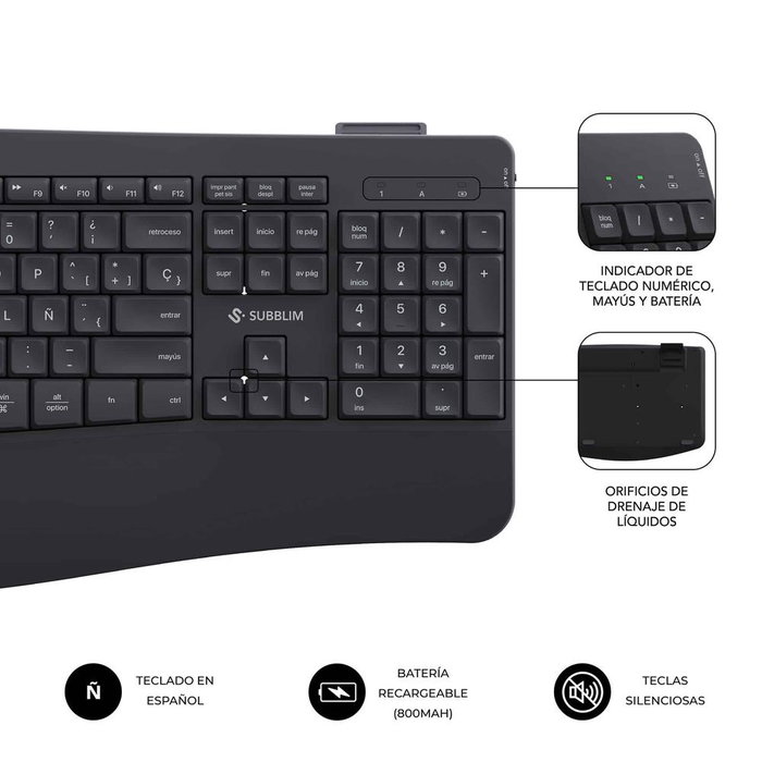 Subblim Combo Teclado Español y Ratón Inalámbrico Ergonómico Negro