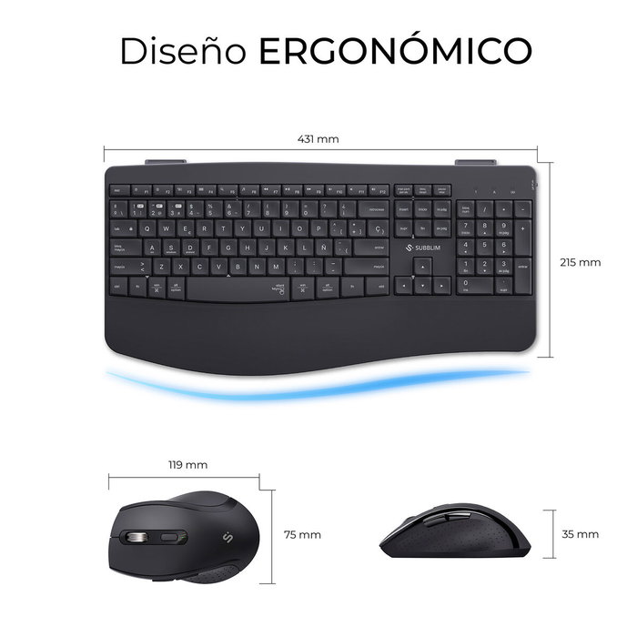 Subblim Combo Dual Prowave Negro, Teclado y Ratón Ergonómicos Recargables
