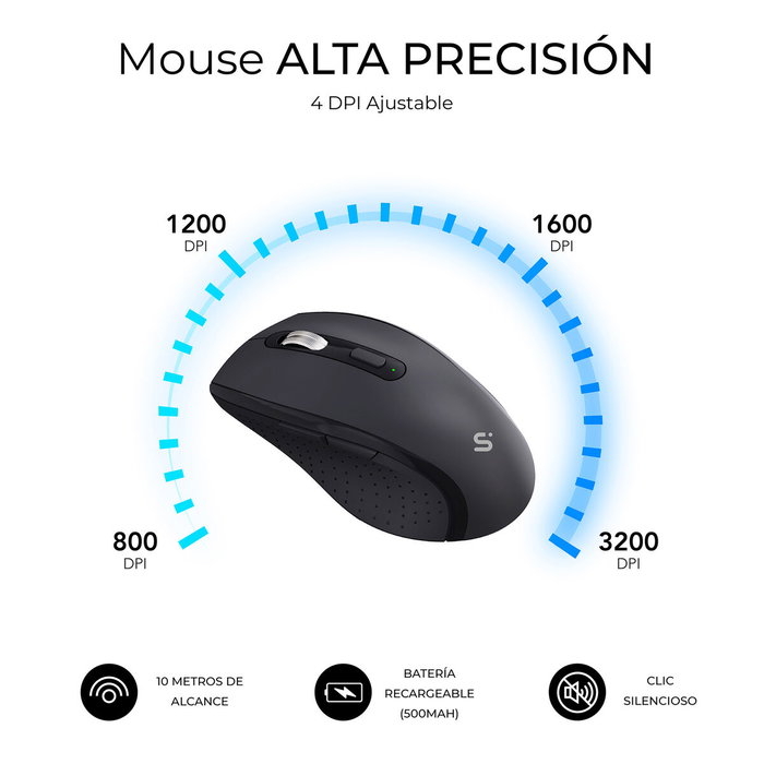 Subblim Combo Dual Prowave Negro, Teclado y Ratón Ergonómicos Recargables