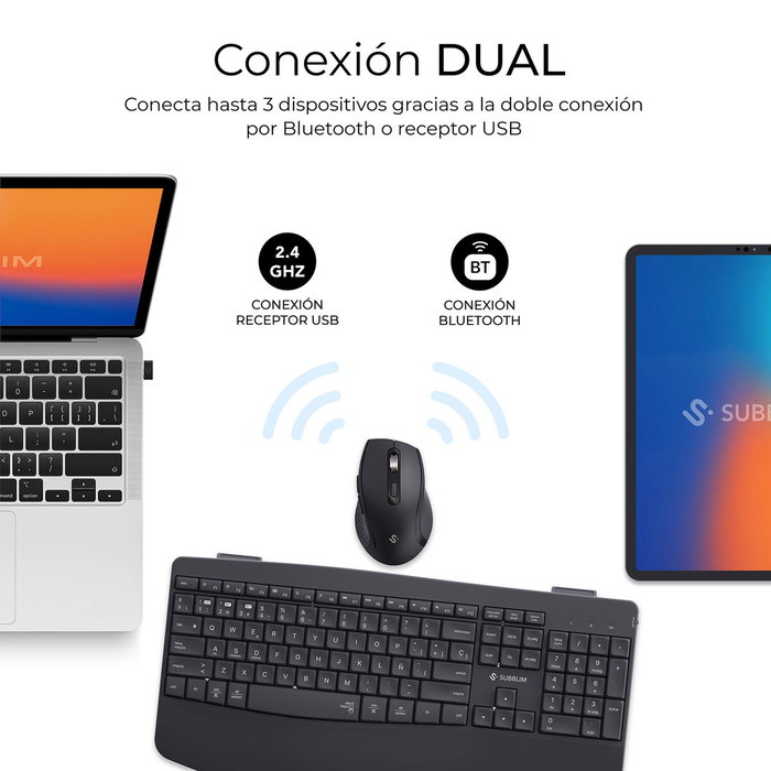 Subblim Combo Dual Prowave Negro, Teclado y Ratón Ergonómicos Recargables