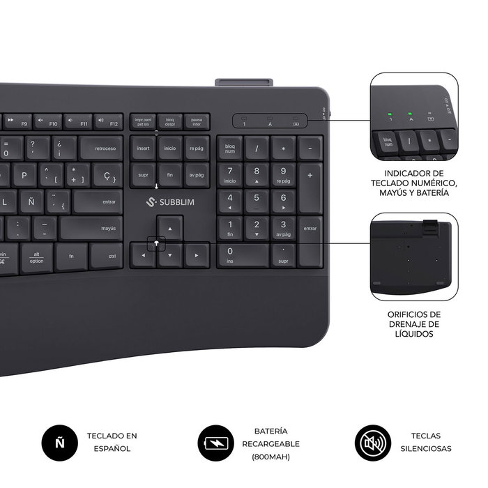 Subblim Combo Dual Prowave Negro, Teclado y Ratón Ergonómicos Recargables