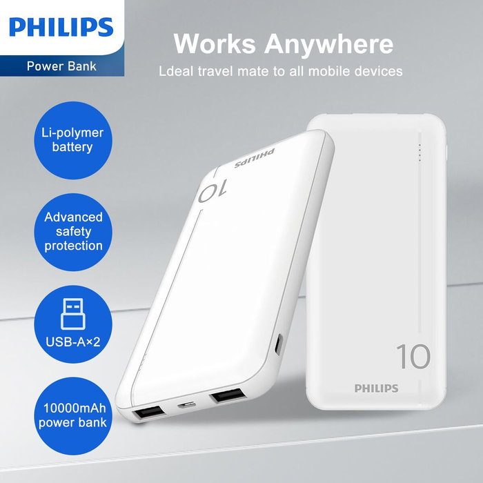 Philips Powerbank Slim 10000mAh Blanca con Doble USB Philips Powerbank Slim 10000mAh Blanca con Doble USB