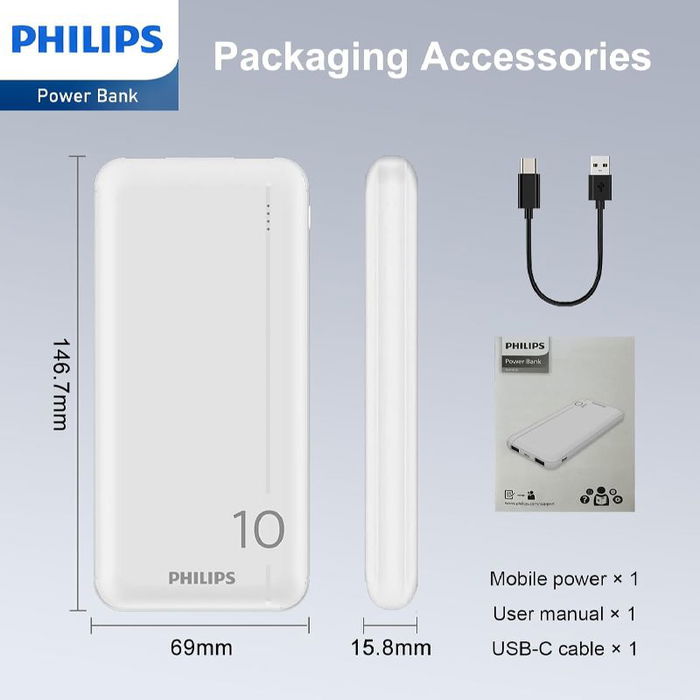 Philips Power Bank 10000 mAh - Batería Externa Portátil, Carga Rápida con 2 Puertos USB para Móvil, Tablet y Más