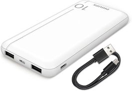 Philips Power Bank 10000 mAh - Batería Externa Portátil, Carga Rápida con 2 Puertos USB para Móvil, Tablet y Más
