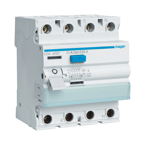 Hager CDA425D Interruptor diferencial 4 polos 25A 30mA Tipo A Hager CDA425D Interruptor diferencial 4 polos 25A 30mA Tipo A