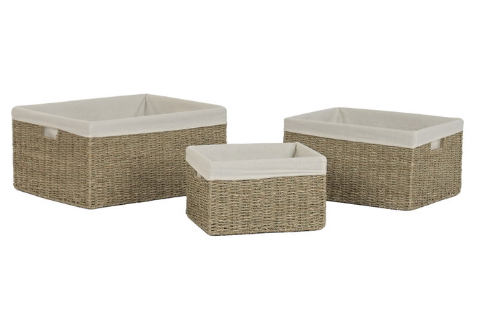 DKD Home Decor Set de 3 Cestas de Seagrass y Algodón Natural y Blanco