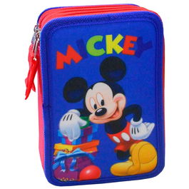 PERONA Plumier Mickey Disney triple con 2 bolígrafos, 1 goma, 1 sacapuntas, 1 lápiz, 1 regla, 1 tijeras, 18 lápices de colores y 18 rotuladores