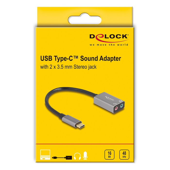 DeLOCK 67071 Adaptador de Audio Externo USB-C a 2 Jack 3.5mm Plug & Play para PC, Mac, Linux, Android, Windows 10/11, 16-bit/48 kHz, Micrófono, Color Gris