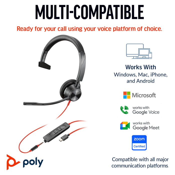 HP Poly Blackwire 3315 Monaural Microsoft Teams Certified USB-C/3,5 mm Negro HP Poly Blackwire 3315 Monaural Microsoft Teams Certified USB-C/3,5 mm Negro