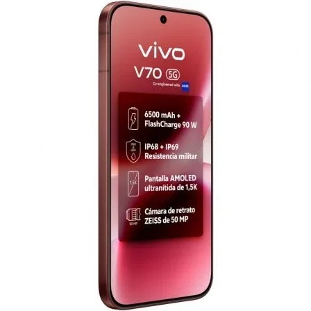 Vivo V70 Smartphone 8GB RAM 512GB 6.59" Pantalla AMOLED 120Hz Snapdragon 7 Gen 4 5G Cámara Triple ZEISS 50MP Batería 6500mAh Carga 90W IP68 IP69 Color Marrón