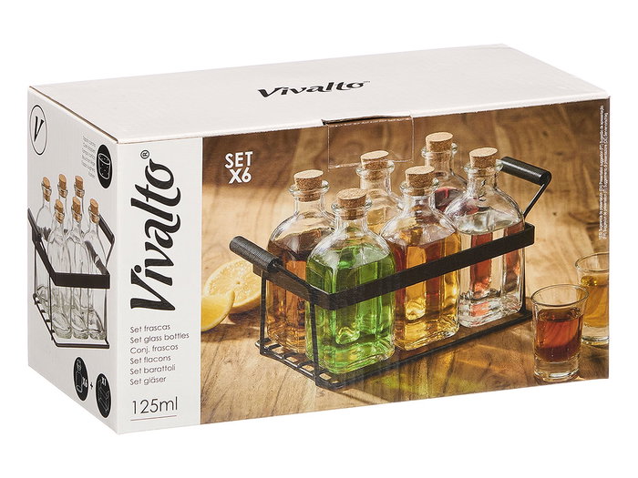 Vivalto Set 6 Frascos con Tapón de Corcho 125 ml y Soporte Metal (Set de 12)