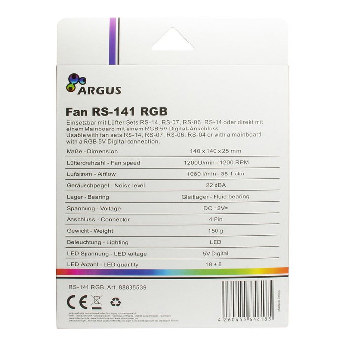 Inter-Tech ARGUS RS-141 RGB Ventilador 140x140x25 mm con 26 LEDs RGB
