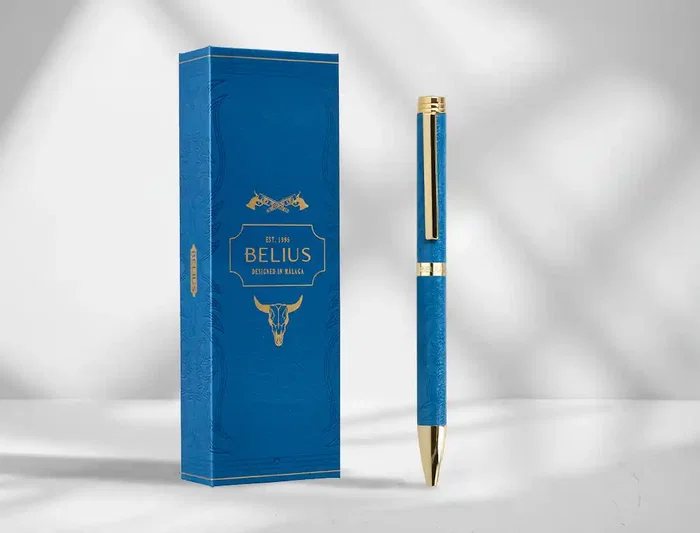 Belius Wild West Bolígrafo Aluminio Azul Marino Dorado Tinta Azul Caja Diseño