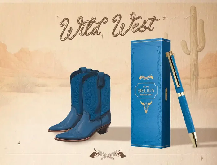 Belius Wild West Bolígrafo Aluminio Azul Marino Dorado Tinta Azul Caja Diseño