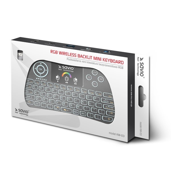 Savio KW-03 Teclado Inalámbrico Mini Retroiluminado RGB para TV Box Smart TV Consola PC Layout Polaco