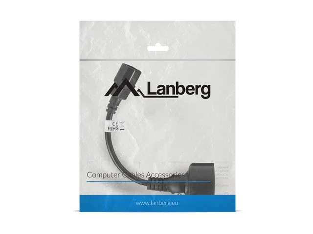 Lanberg CA-C14E-10CC-0018-BK Cable de Alimentación IEC C14 Macho a Conector Hembra, 0.18m, Negro, Certificado VDE