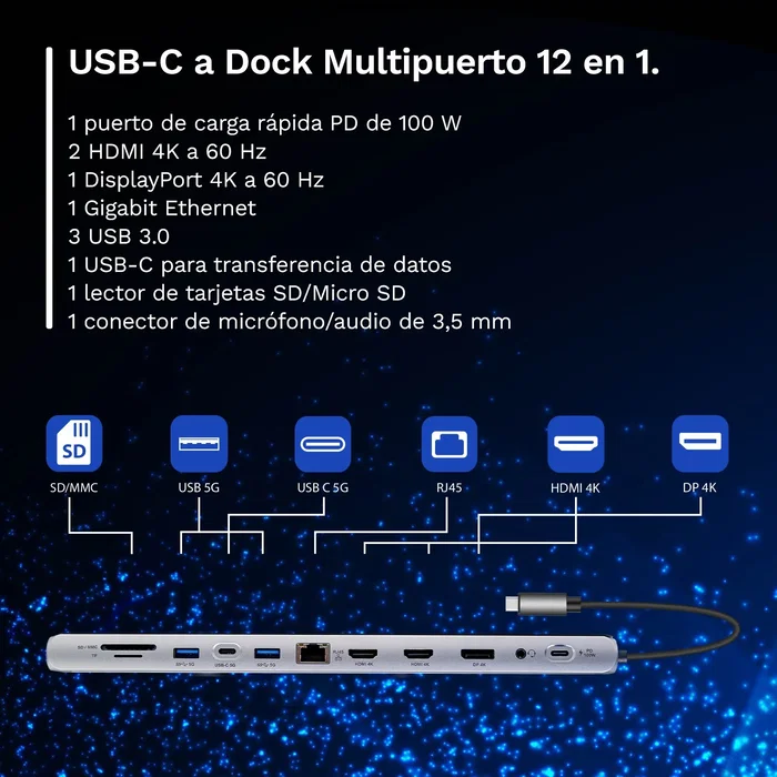 Ewent EW1150 Docking Station 12 en 1 USB-C con 4K@60Hz y PD 100W Ewent EW1150 Docking Station 12 en 1 USB-C con 4K@60Hz y PD 100W