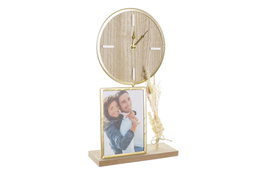 DKD Home Decor Reloj de Sobremesa MDF y Metal con Marco de Fotos Natural y Dorado