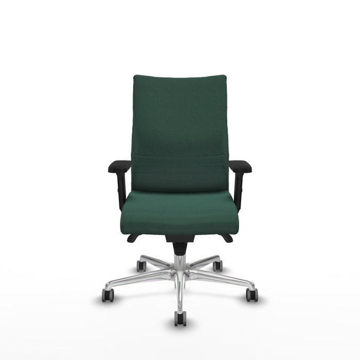 Silla Albacete confidente con mecanismo Sincro tapizada con Tela color Verde botella. Equipada con Base aluminio, Brazos 2D y Ruedas 65 mm parqué Silla Albacete confidente con mecanismo Sincro tapizada con Tela color Verde botella. Equipada con Base aluminio, Brazos 2D y Ruedas 65 mm parqué