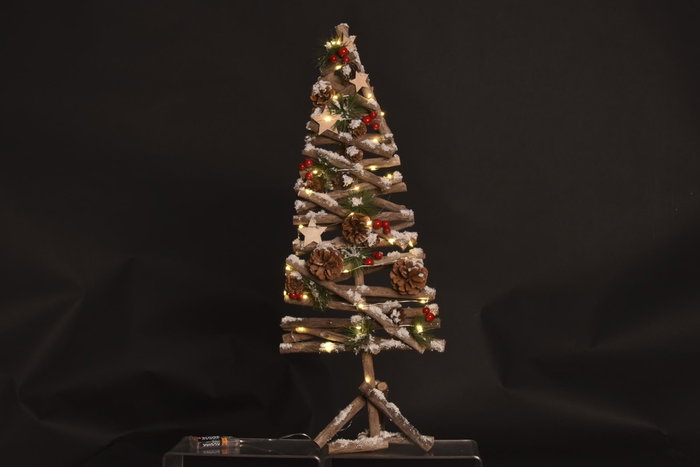 DKD Home Decor Árbol de Navidad Marrón Verde Rojo Nevado Madera LED 70 cm
