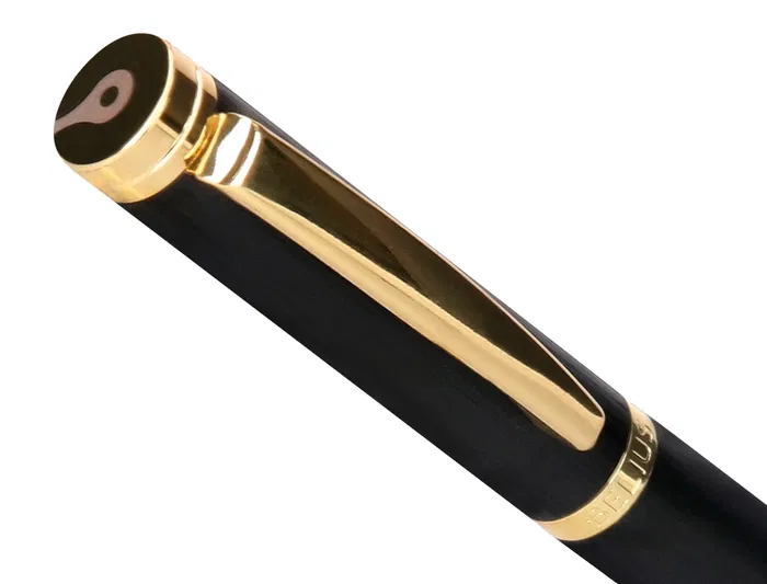 Belius Passion D'or Pluma y Estuche de Cuero y Aluminio Texturizado Cepillado Negro y Dorado Tinta Azul Caja Diseño Elegante