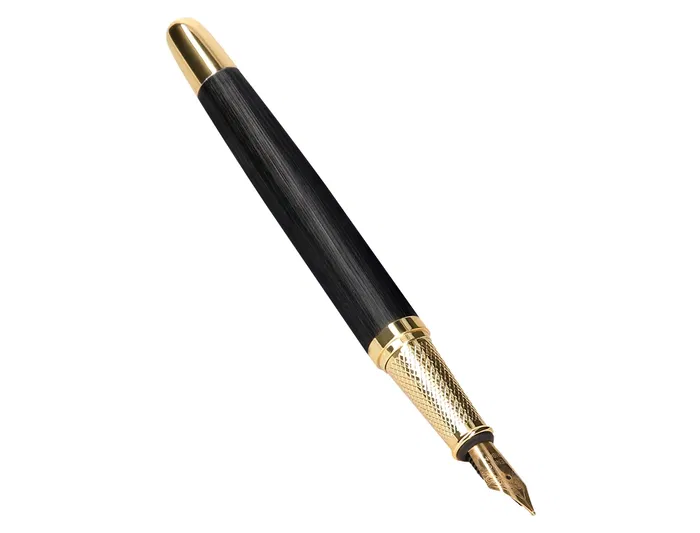 Belius Passion D'or Pluma y Estuche de Cuero y Aluminio Texturizado Cepillado Negro y Dorado Tinta Azul Caja Diseño Elegante