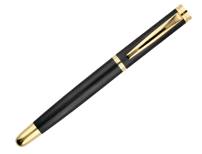 Belius Passion D'or Pluma y Estuche de Cuero y Aluminio Texturizado Cepillado Negro y Dorado Tinta Azul Caja Diseño Elegante