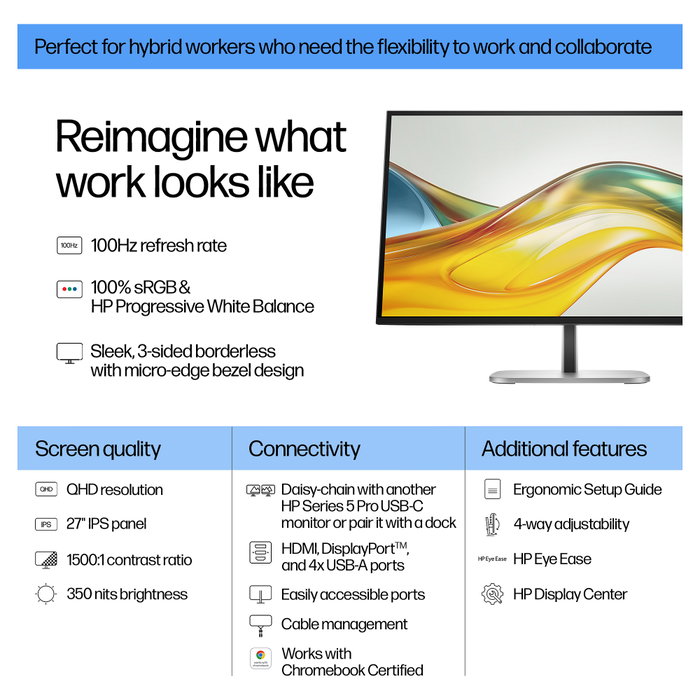 HP Pro 527pq Monitor de 27 Pulgadas (68.6 cm) QHD 2560 x 1440 IPS 5ms 100Hz 16:9 con USB-C Hub, HDMI, DisplayPort, USB 3.2, VESA, Negro/Plata