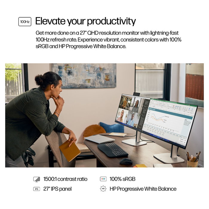 HP Pro 527pq Monitor de 27 Pulgadas (68.6 cm) QHD 2560 x 1440 IPS 5ms 100Hz 16:9 con USB-C Hub, HDMI, DisplayPort, USB 3.2, VESA, Negro/Plata