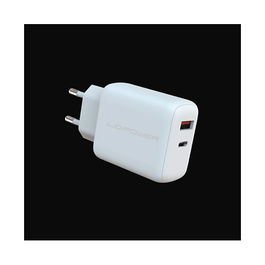 LC-Power LC-GAN-45 Cargador 45W USB-C/USB-A, Tecnología GaN, Power Delivery 3.0, Carga Rápida para 2 Dispositivos, Blanco