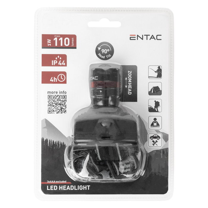 ENTAC Linterna de cabeza EHL-ZOOM-1W-PL Negra