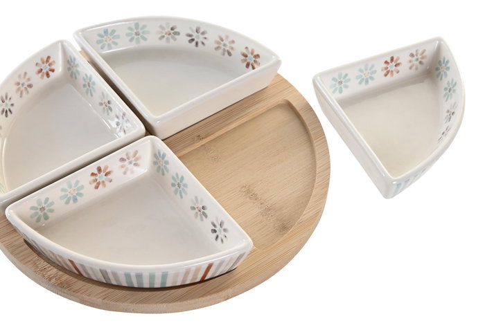 DKD Home Decor Set de Aperitivo 5 Piezas Gres y Bambú Multicolor