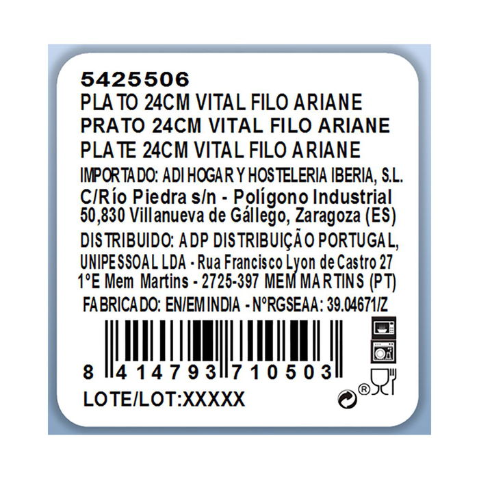 Plato Porcelana Reforzada Vital Filo Ariane 24 cm (6 Unidades)