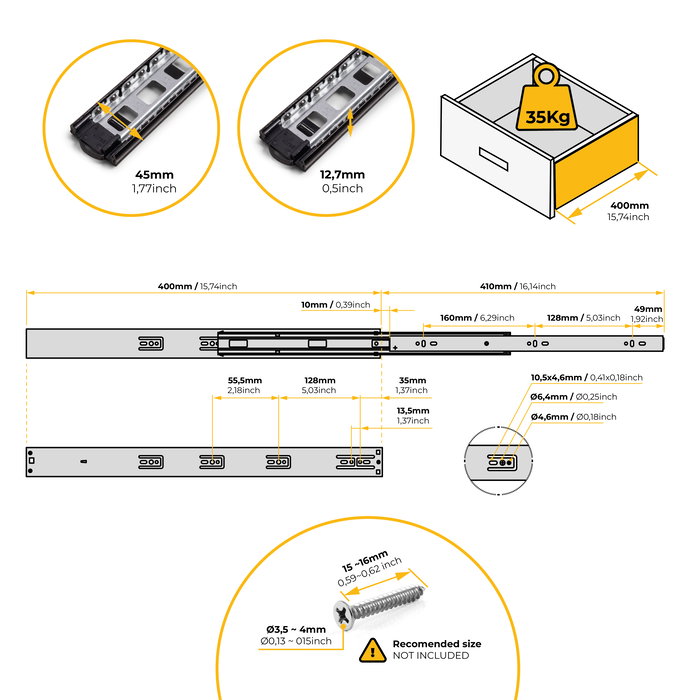 Emuca Lote de 5 juegos de guías para cajones, de bolas, altura 45mm, profundidad 400mm, extracción total, cierre suave, Negro