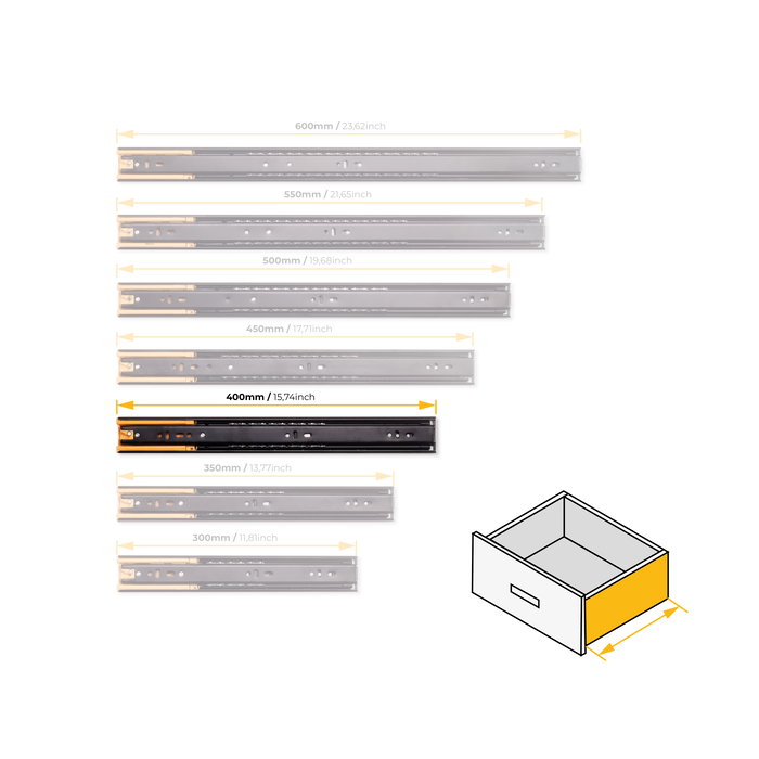 Emuca Lote de 5 juegos de guías para cajones, de bolas, altura 45mm, profundidad 400mm, extracción total, cierre suave, Negro