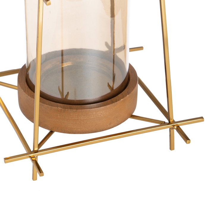 Portavelas Oro-Marrón Metal-Madera 20 X 20 X 23 cm