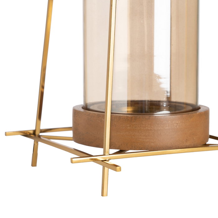 Portavelas Oro-Marrón Metal-Madera 20 X 20 X 23 cm