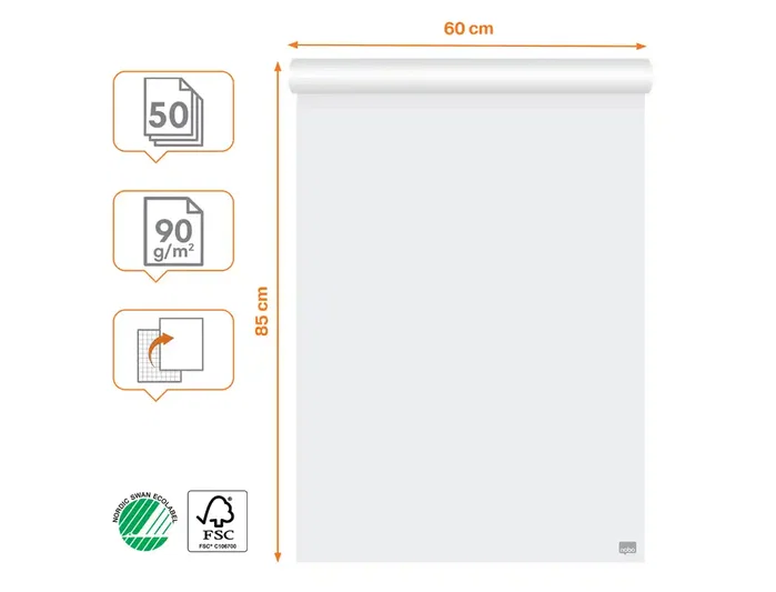 Nobo Bloc de papel de rotafolio premium 90 g 60x85 cm cuadriculado/liso 50 hojas perforado FSC reuniones y presentaciones Nobo Bloc de papel de rotafolio premium 90 g 60x85 cm cuadriculado/liso 50 hojas perforado FSC reuniones y presentaciones