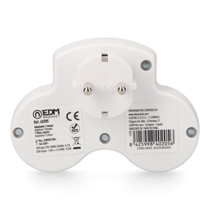 EDM Adaptador de enchufe 2 tomas Schuko 2P+T con 2 puertos USB (A+C) 5V/2.1A, 3680W máximo, blanco - 112 x 39.5 x 80 mm