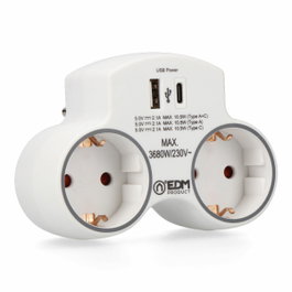 Edm Adaptador 2 tomas 2p+t Schuko con 2 USB (A + C), Blanco